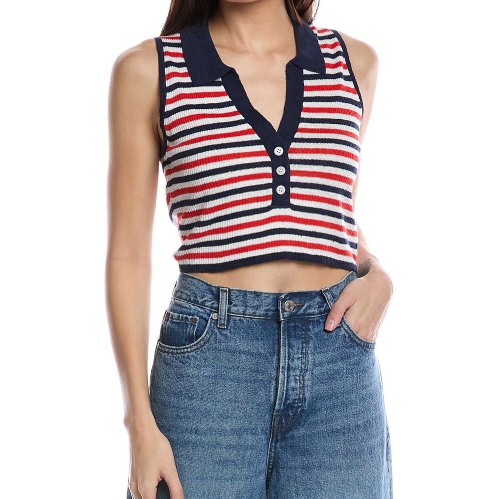 Onia Womens Linen Rib Polo Tank Striped Sleeveless Knit Top Red White Blue Large